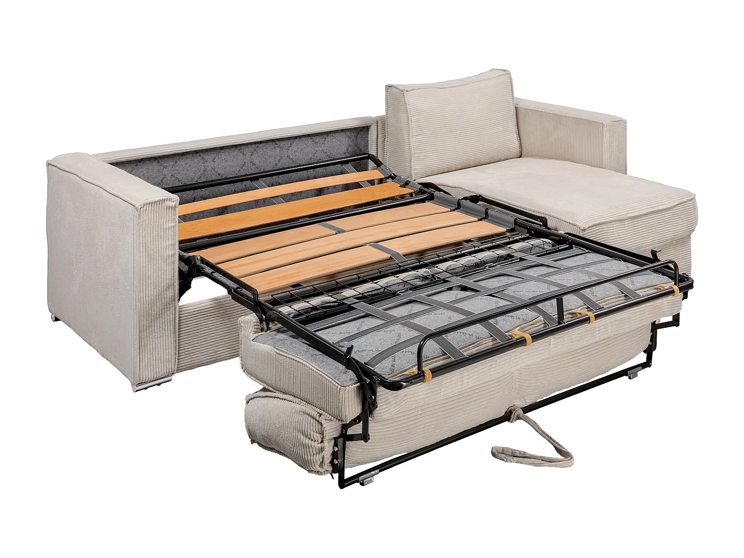 Canapé d'angle convertible express et réversible en velours côtelé beige avec assise à mémoire de forme - Couchage à lattes larges 160 cm - Matelas 18 cm LORETO