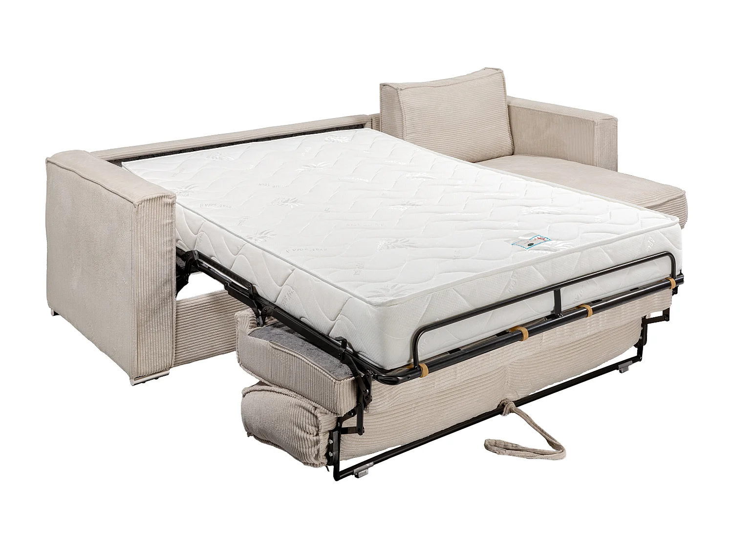Canapé d'angle convertible express et réversible en velours côtelé beige avec assise à mémoire de forme - Couchage à lattes larges 160 cm - Matelas 22 cm mémoire de forme LORETO