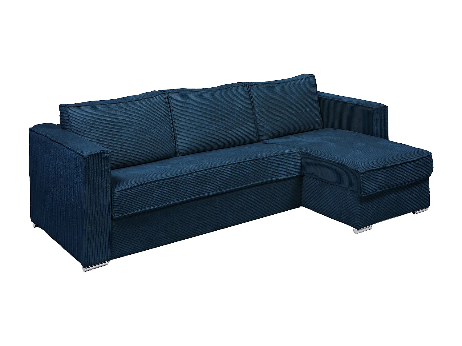 Canapé d'angle convertible express et réversible en velours côtelé bleu nuit avec assise à mémoire de forme - Couchage à lattes larges 140 cm - Matelas 14 cm LORETO