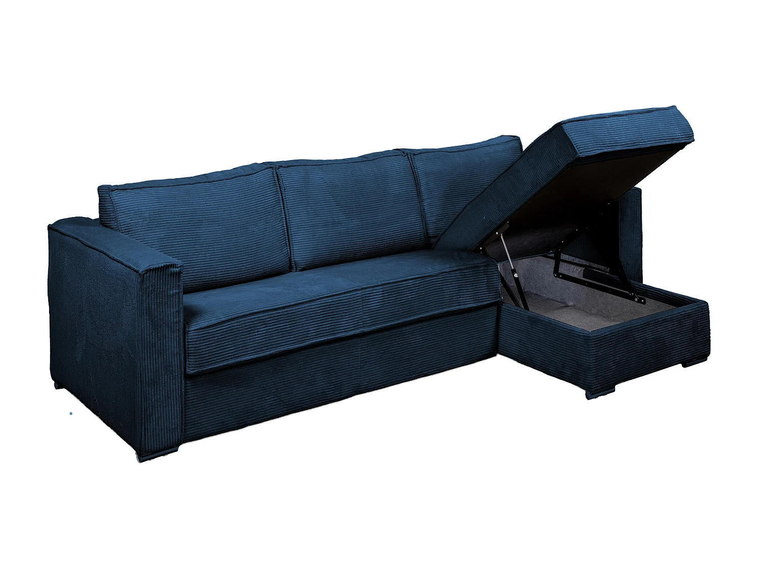 Canapé d'angle convertible express et réversible en velours côtelé bleu nuit avec assise à mémoire de forme - Couchage 160 cm - Matelas 18 cm LORETO