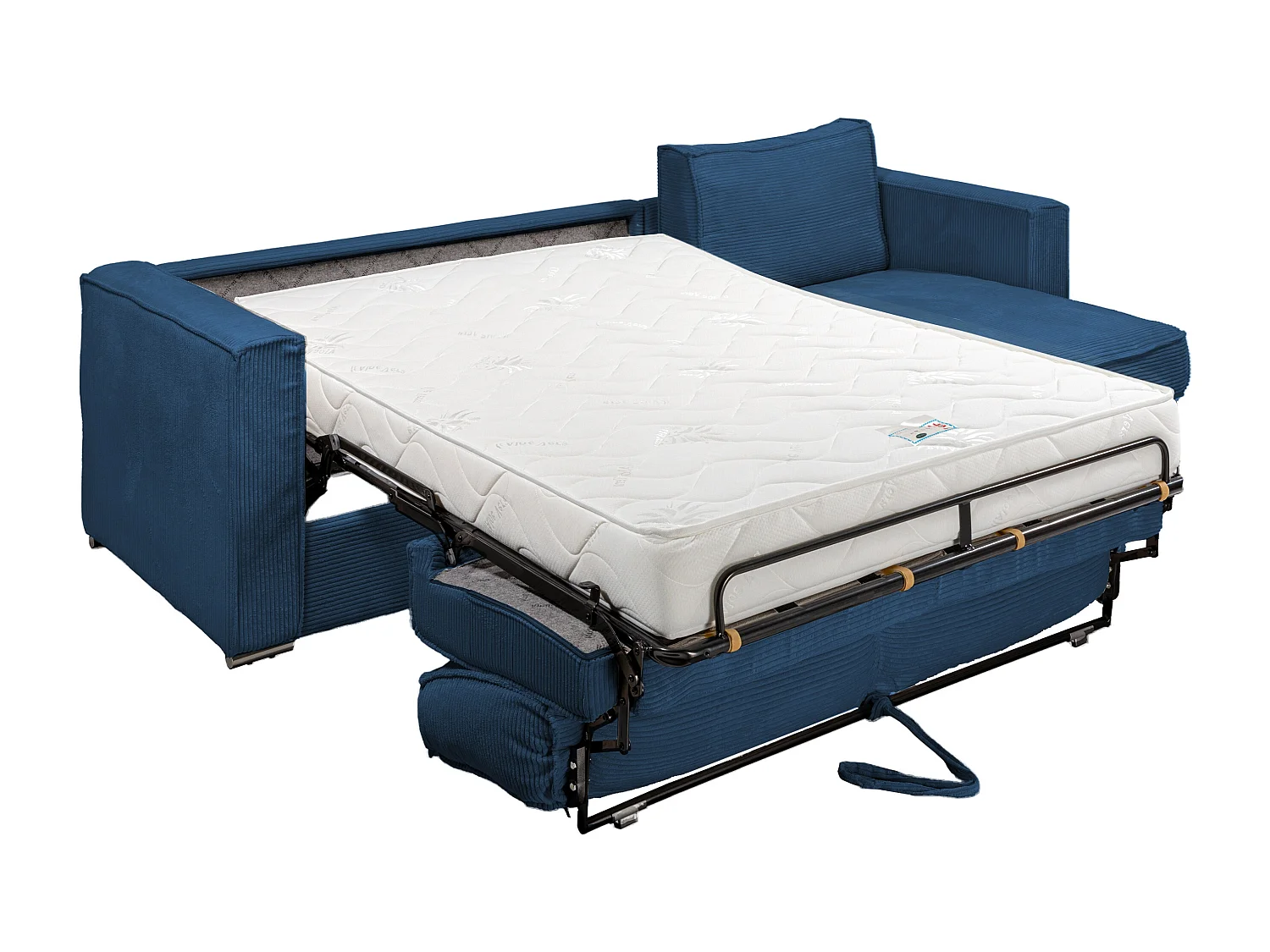 Canapé d'angle convertible express et réversible en velours côtelé bleu nuit avec assise à mémoire de forme - Couchage 160 cm - Matelas 18 cm LORETO