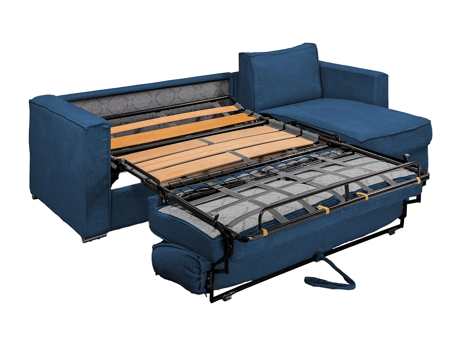 Canapé d'angle convertible express et réversible en velours côtelé bleu nuit avec assise à mémoire de forme - Couchage à lattes larges 160 cm - Matelas 22 cm mémoire de forme LORETO