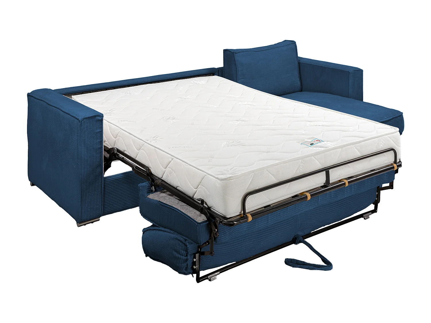 Canapé d'angle convertible express et réversible en velours côtelé bleu nuit avec assise à mémoire de forme - Couchage à lattes larges 160 cm - Matelas 22 cm mémoire de forme LORETO