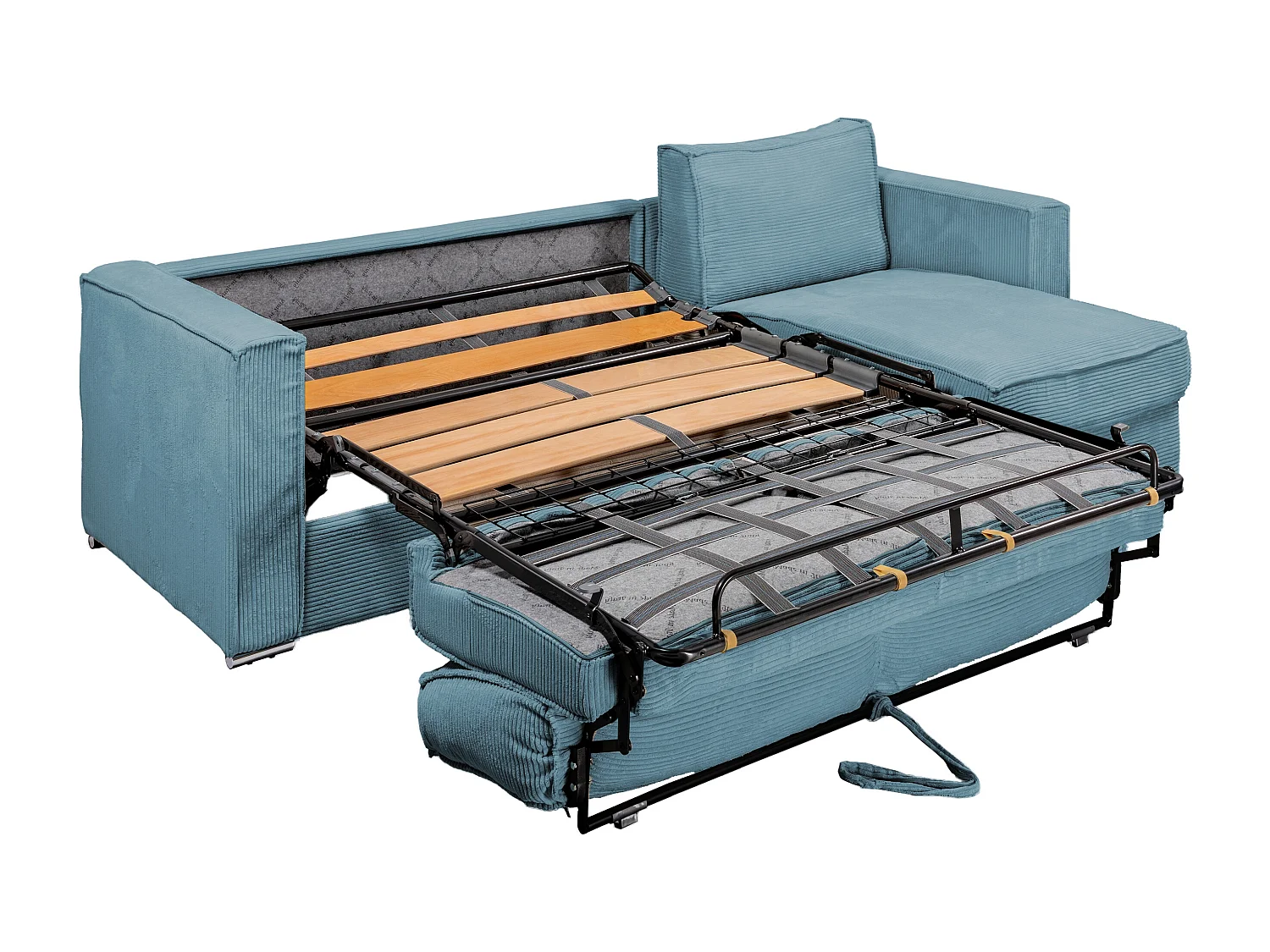 Canapé d'angle convertible express et réversible en velours côtelé bleu turquoise avec assise à mémoire de forme - Couchage à lattes larges 140 cm - Matelas 18 cm LORETO