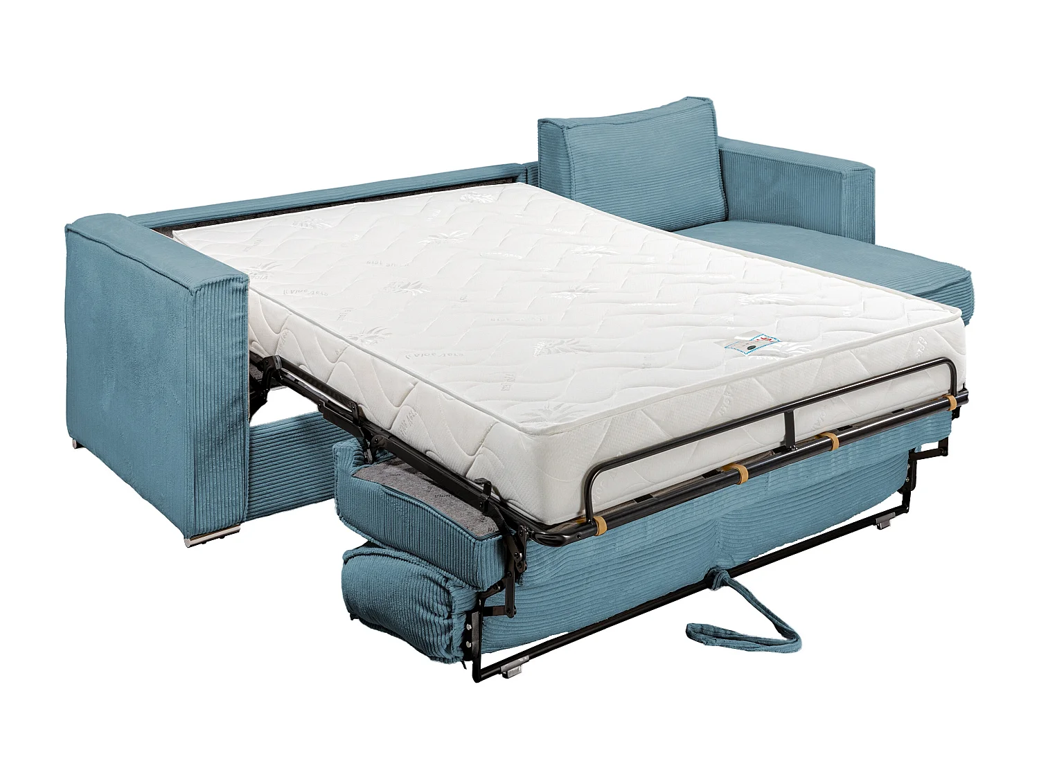 Canapé d'angle convertible express et réversible en velours côtelé bleu turquoise avec assise à mémoire de forme - Couchage à lattes larges 140 cm - Matelas 22 cm mémoire de forme LORETO