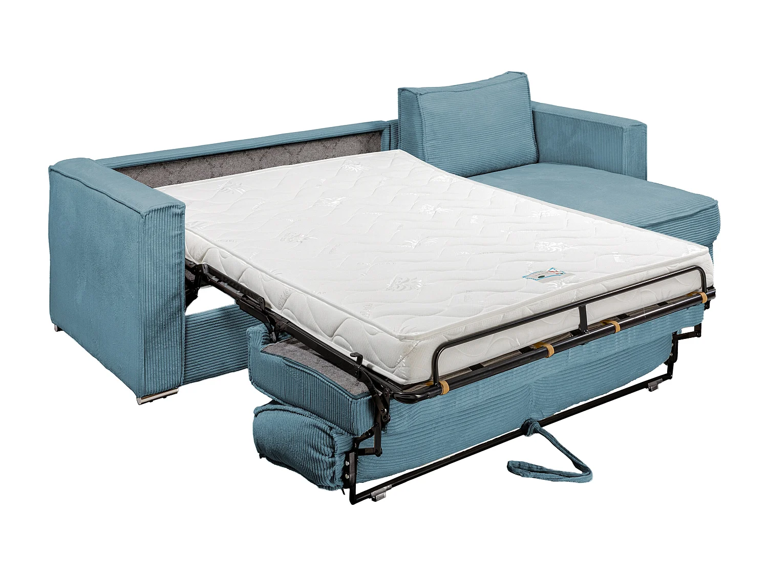 Canapé d'angle convertible express et réversible en velours côtelé bleu turquoise avec assise à mémoire de forme - Couchage 160 cm - Matelas 14 cm LORETO