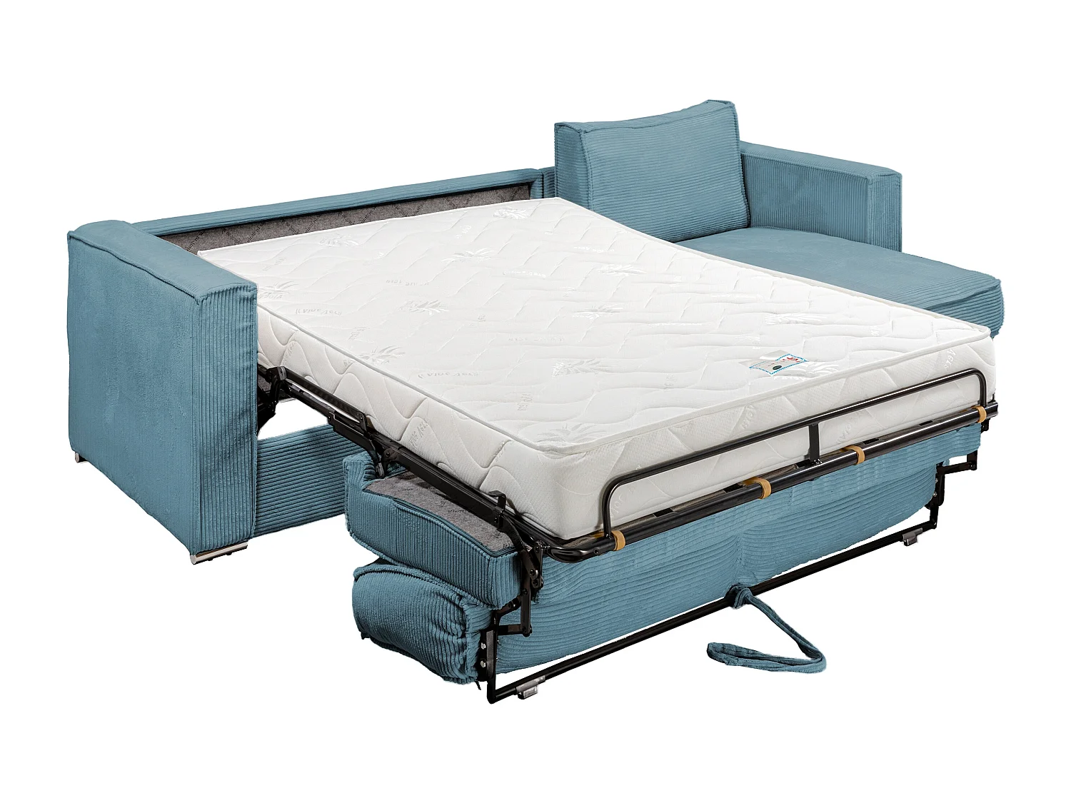 Canapé d'angle convertible express et réversible en velours côtelé bleu turquoise avec assise à mémoire de forme - Couchage 160 cm - Matelas 18 cm LORETO