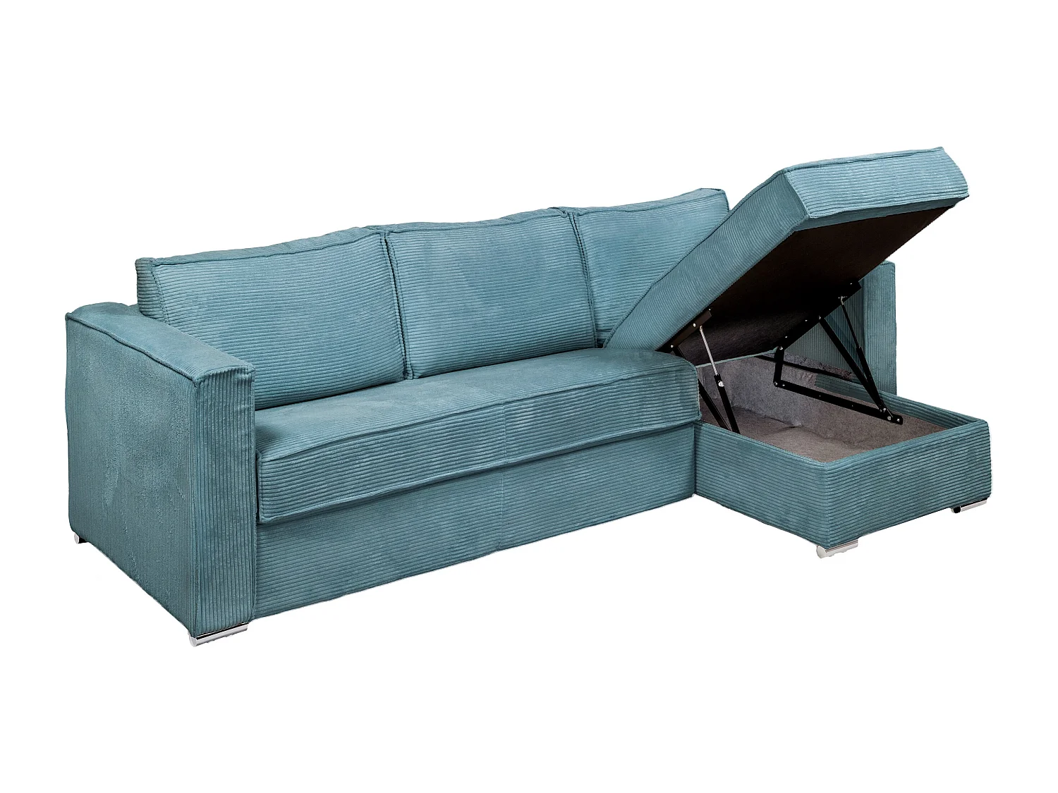 Canapé d'angle convertible express et réversible en velours côtelé bleu turquoise avec assise à mémoire de forme - Couchage à lattes larges 160 cm - Matelas 14 cm LORETO
