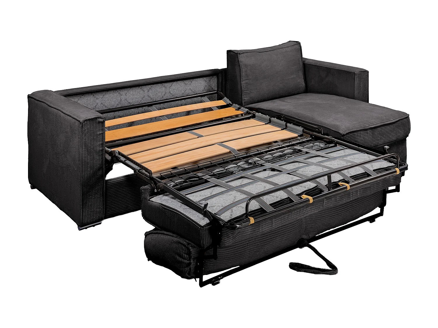 Canapé d'angle convertible express et réversible en velours côtelé gris anthracite avec assise à mémoire de forme - Couchage à lattes larges 140 cm - Matelas 14 cm LORETO