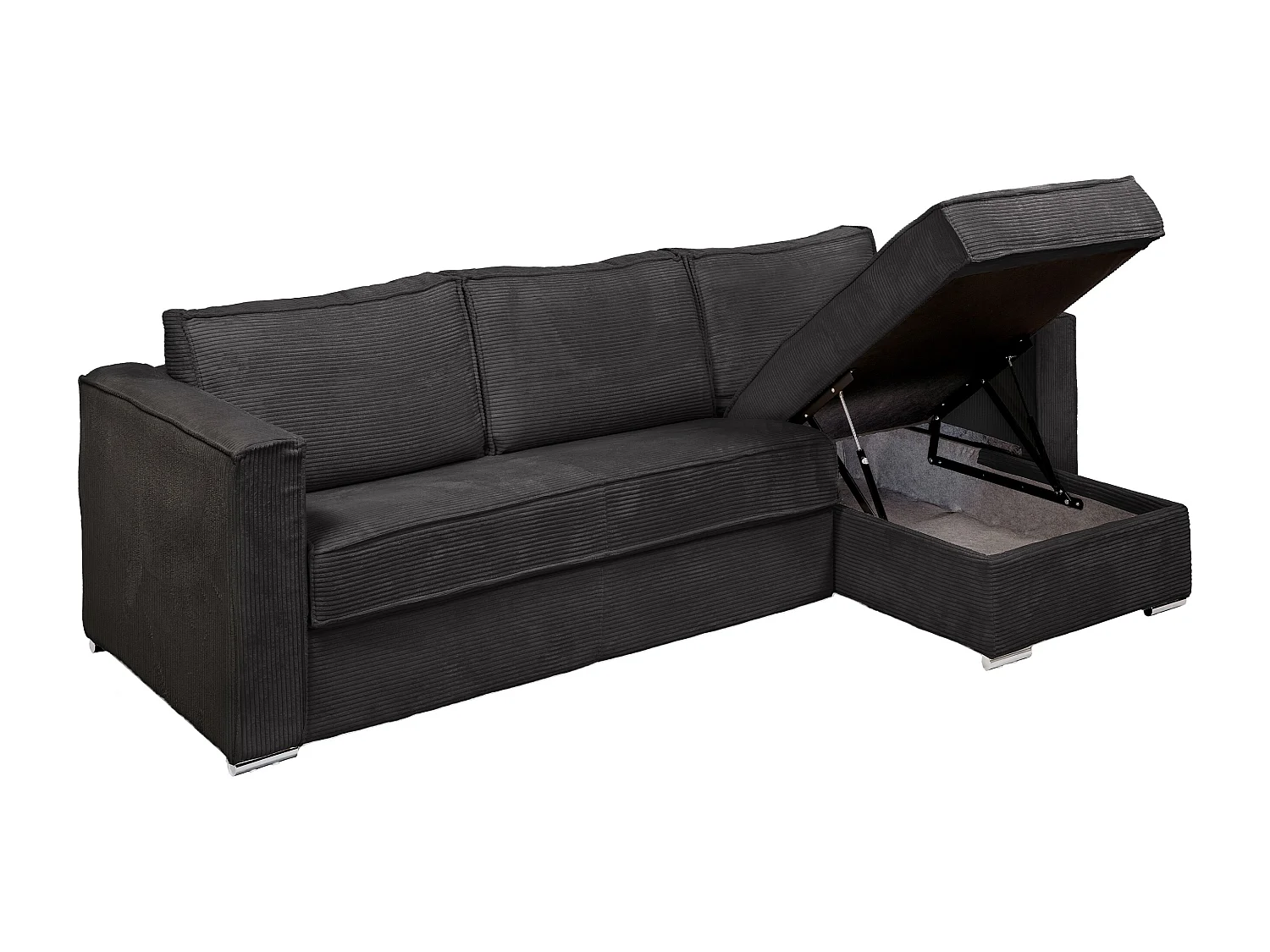 Canapé d'angle convertible express et réversible en velours côtelé gris anthracite avec assise à mémoire de forme - Couchage 160 cm - Matelas 18 cm LORETO