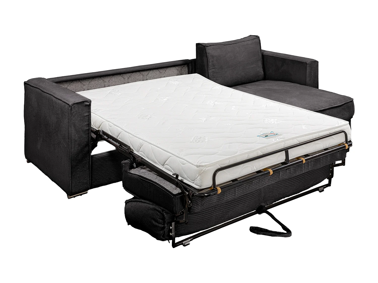 Canapé d'angle convertible express et réversible en velours côtelé gris anthracite avec assise à mémoire de forme - Couchage à lattes larges 160 cm - Matelas 14 cm LORETO