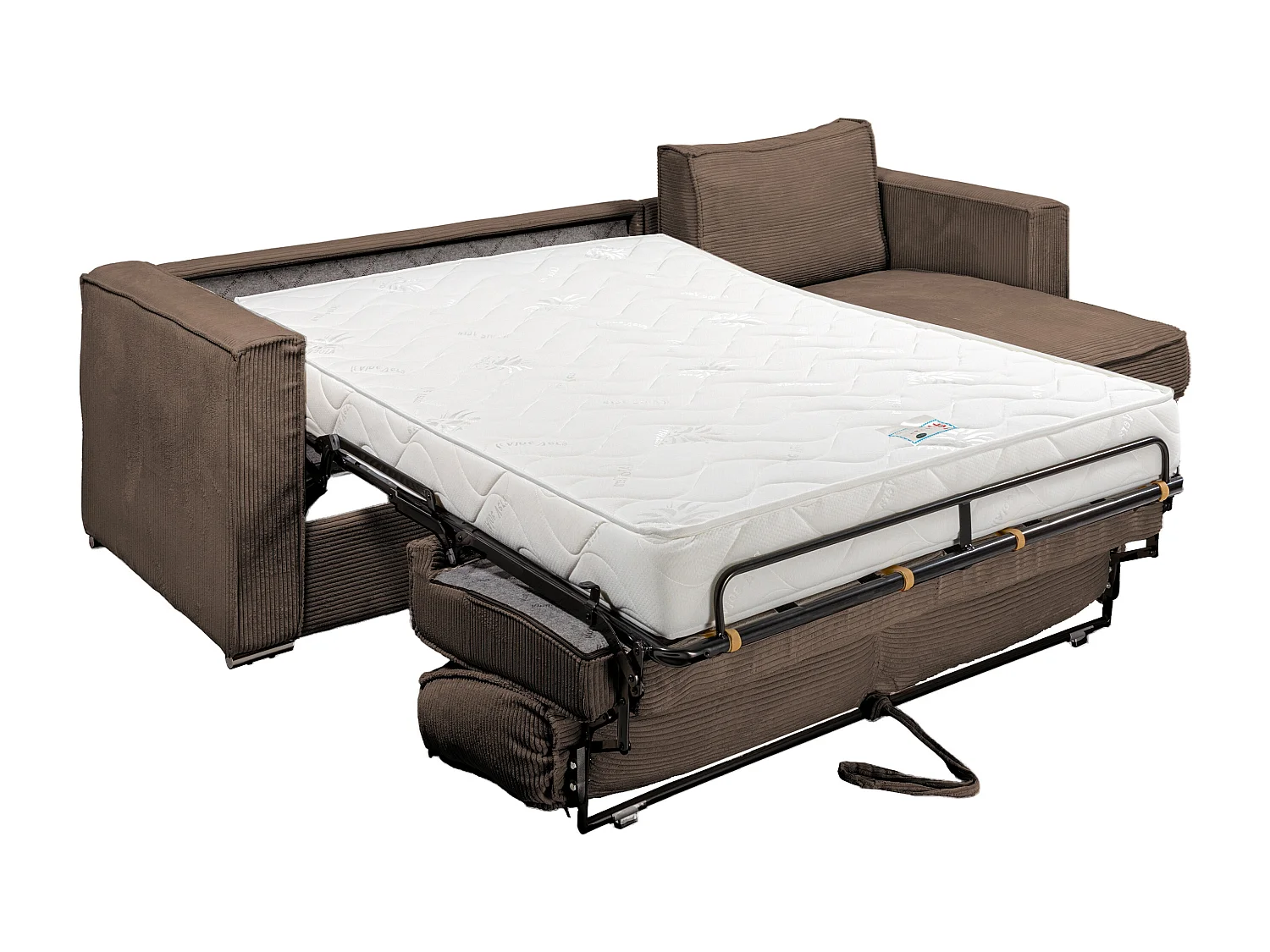 Canapé d'angle convertible express et réversible en velours côtelé marron avec assise à mémoire de forme - Couchage à lattes larges 140 cm - Matelas 18 cm LORETO