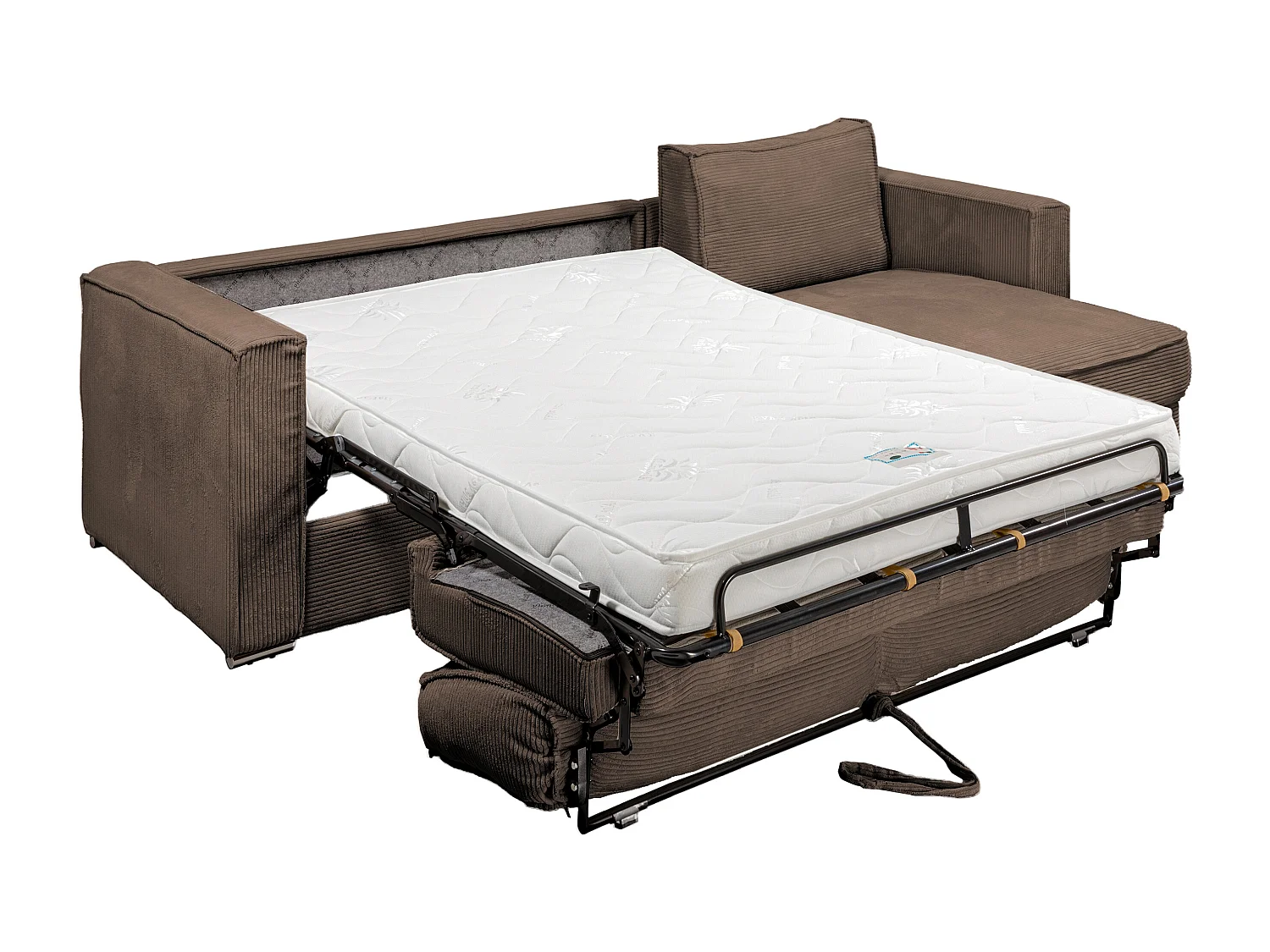 Canapé d'angle convertible express et réversible en velours côtelé marron avec assise à mémoire de forme - Couchage à lattes larges 160 cm - Matelas 14 cm LORETO