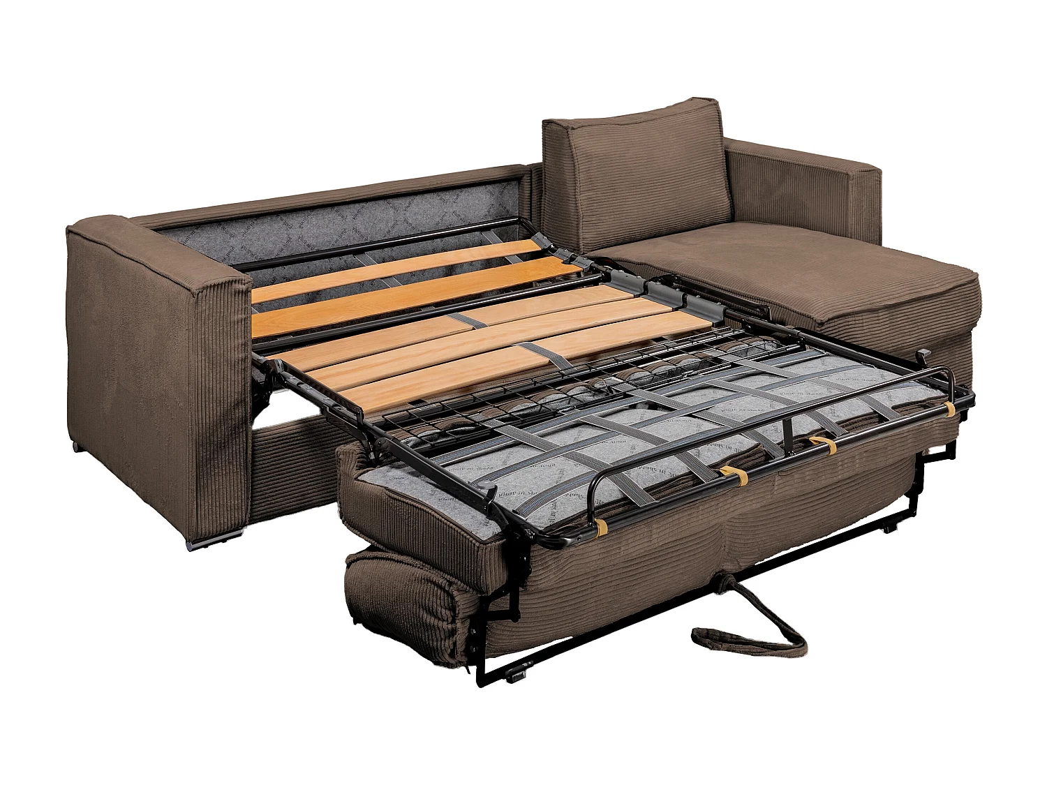 Canapé d'angle convertible express et réversible en velours côtelé marron avec assise à mémoire de forme - Couchage à lattes larges 160 cm - Matelas 22 cm mémoire de forme LORETO