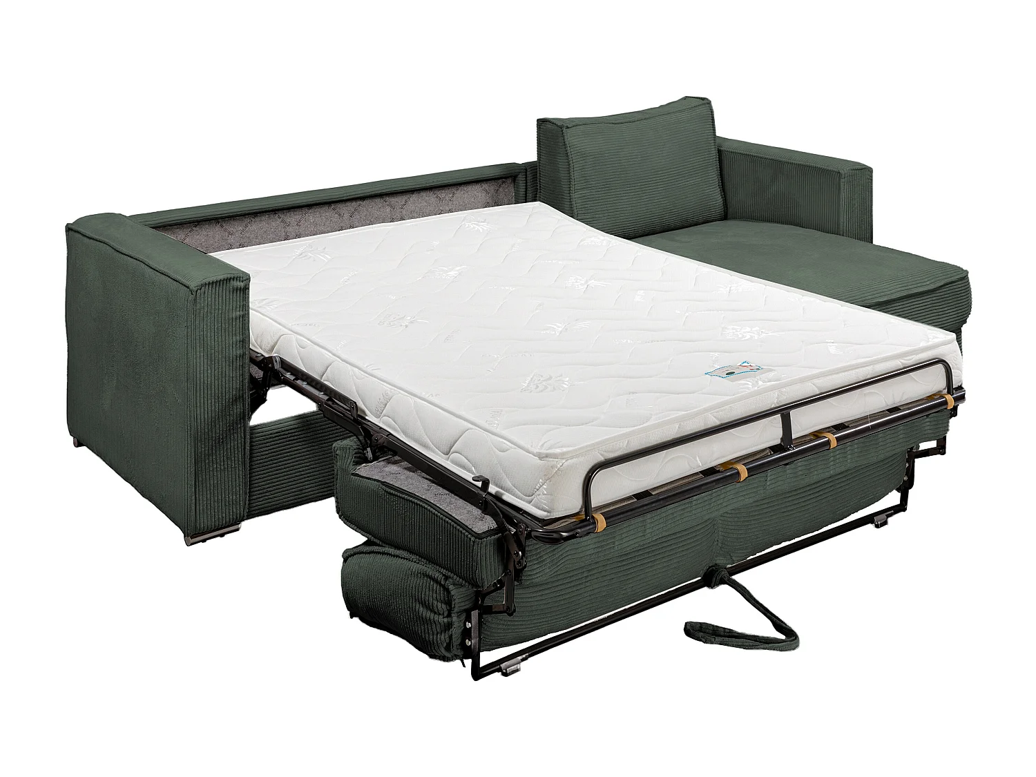 Canapé d'angle convertible express et réversible en velours côtelé vert sapin avec assise à mémoire de forme - Couchage 140 cm - Matelas 14 cm LORETO