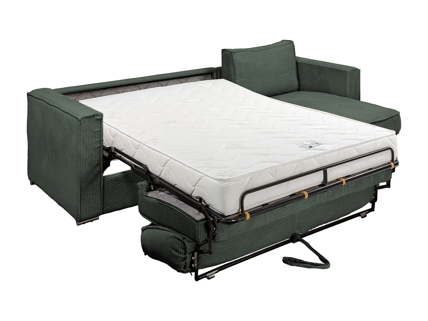 Canapé d'angle convertible express et réversible en velours côtelé vert sapin avec assise à mémoire de forme - Couchage à lattes larges 140 cm - Matelas 18 cm LORETO