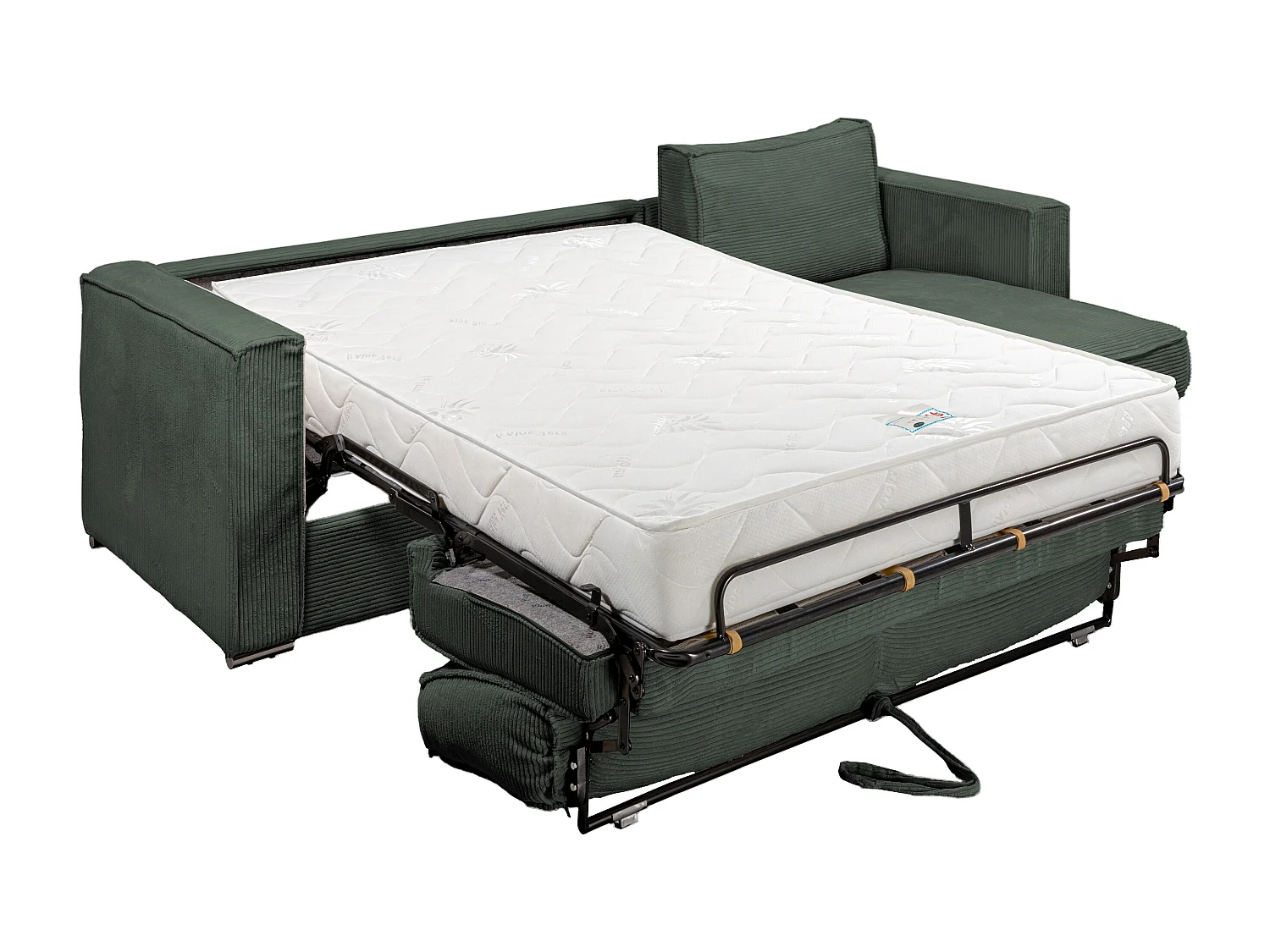 Canapé d'angle convertible express et réversible en velours côtelé vert sapin avec assise à mémoire de forme - Couchage 160 cm - Matelas 22 cm mémoire de forme LORETO