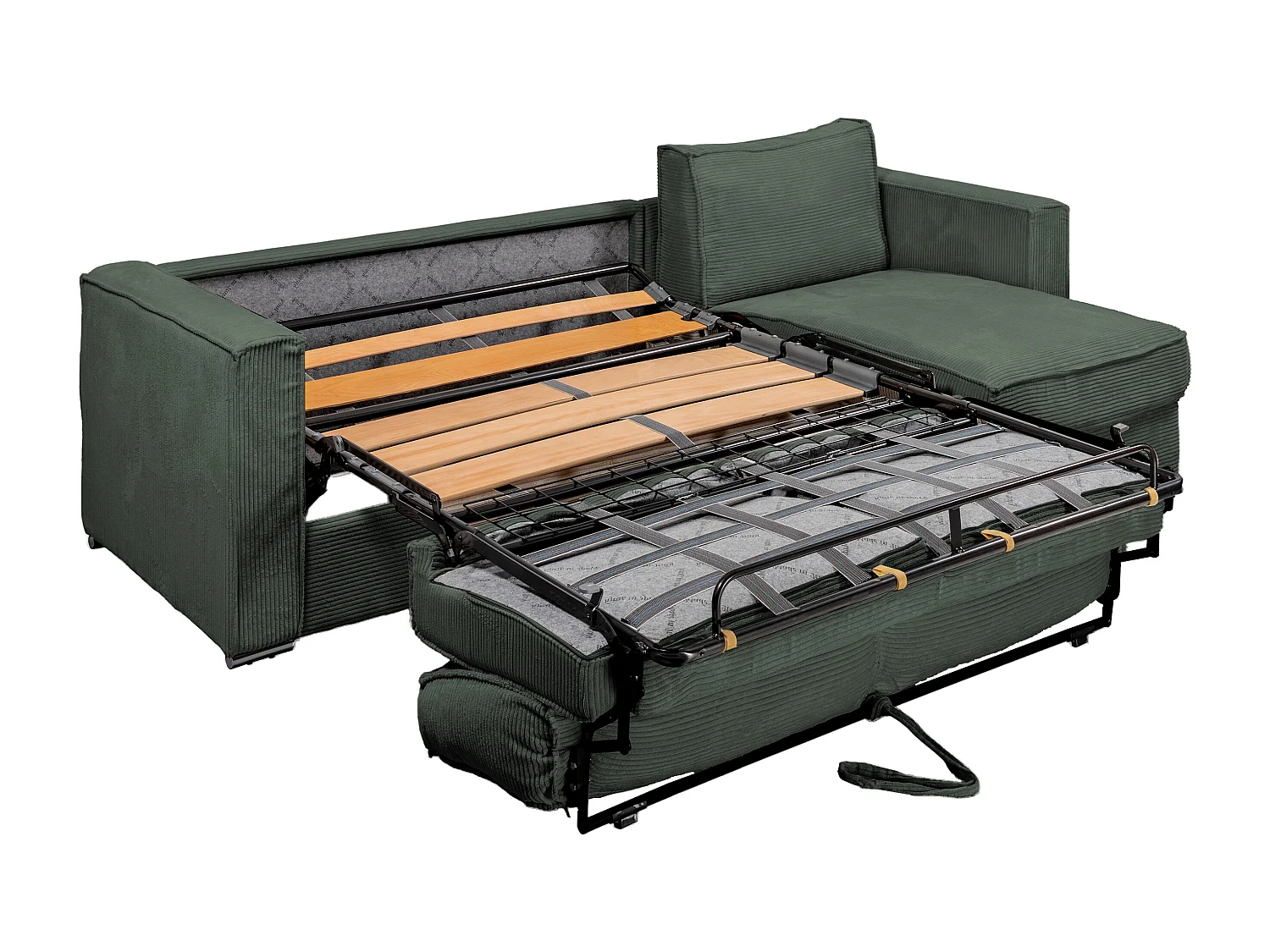 Canapé d'angle convertible express et réversible en velours côtelé vert sapin avec assise à mémoire de forme - Couchage à lattes larges 160 cm - Matelas 14 cm LORETO