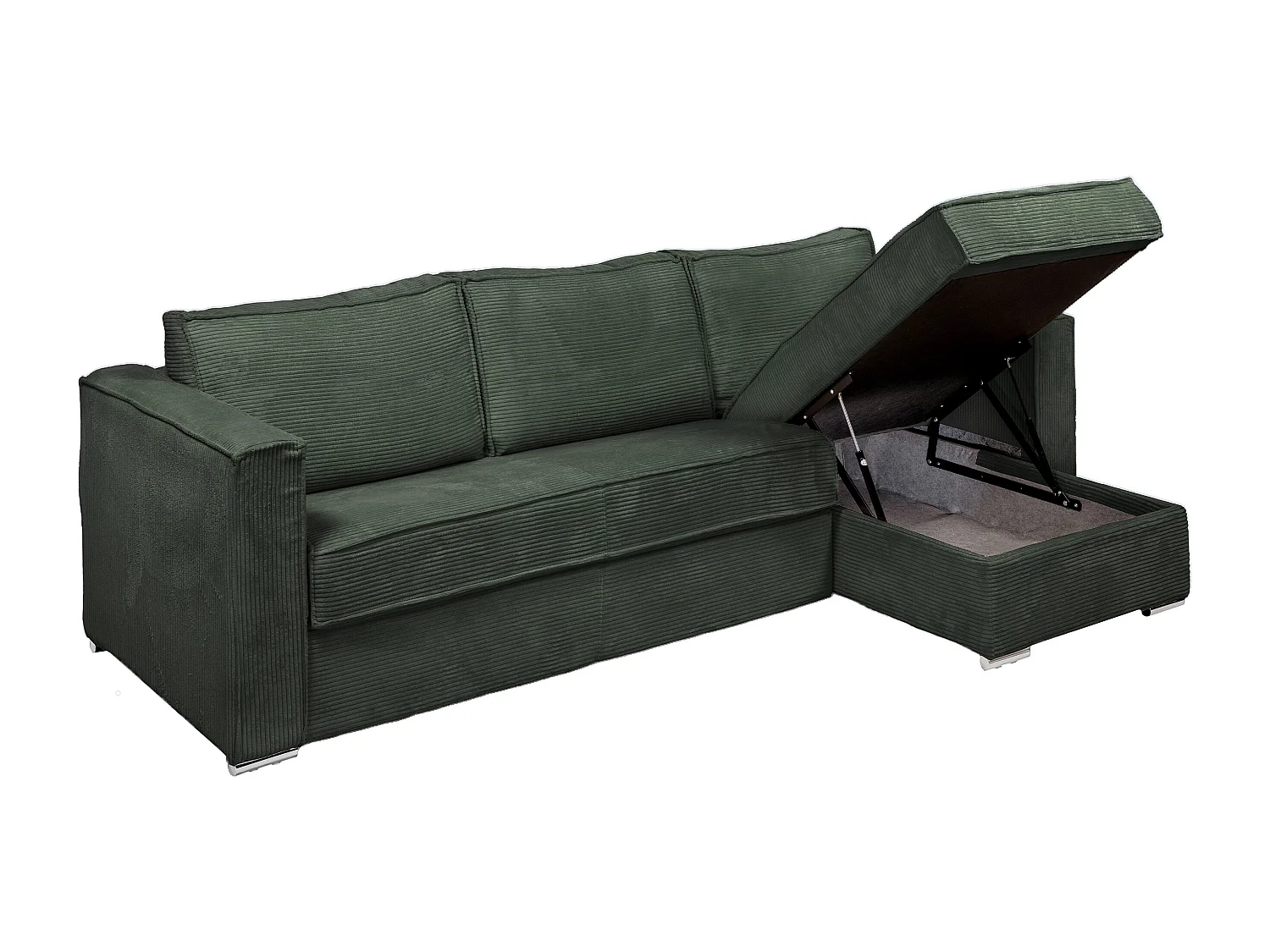 Canapé d'angle convertible express et réversible en velours côtelé vert sapin avec assise à mémoire de forme - Couchage à lattes larges 160 cm - Matelas 18 cm LORETO
