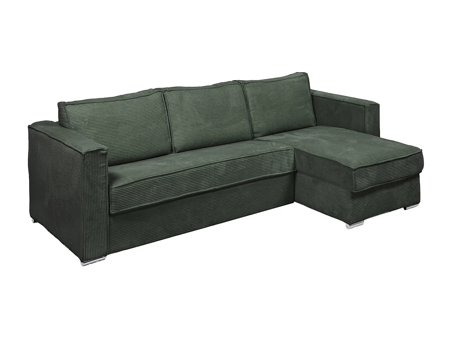 Canapé d'angle convertible express et réversible en velours côtelé vert sapin avec assise à mémoire de forme - Couchage à lattes larges 160 cm - Matelas 22 cm mémoire de forme LORETO