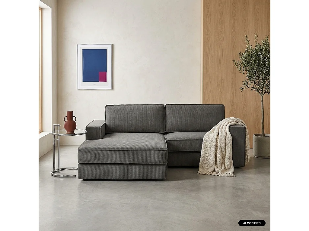 Sofá esquinero izquierdo de pana, 3 plazas gris