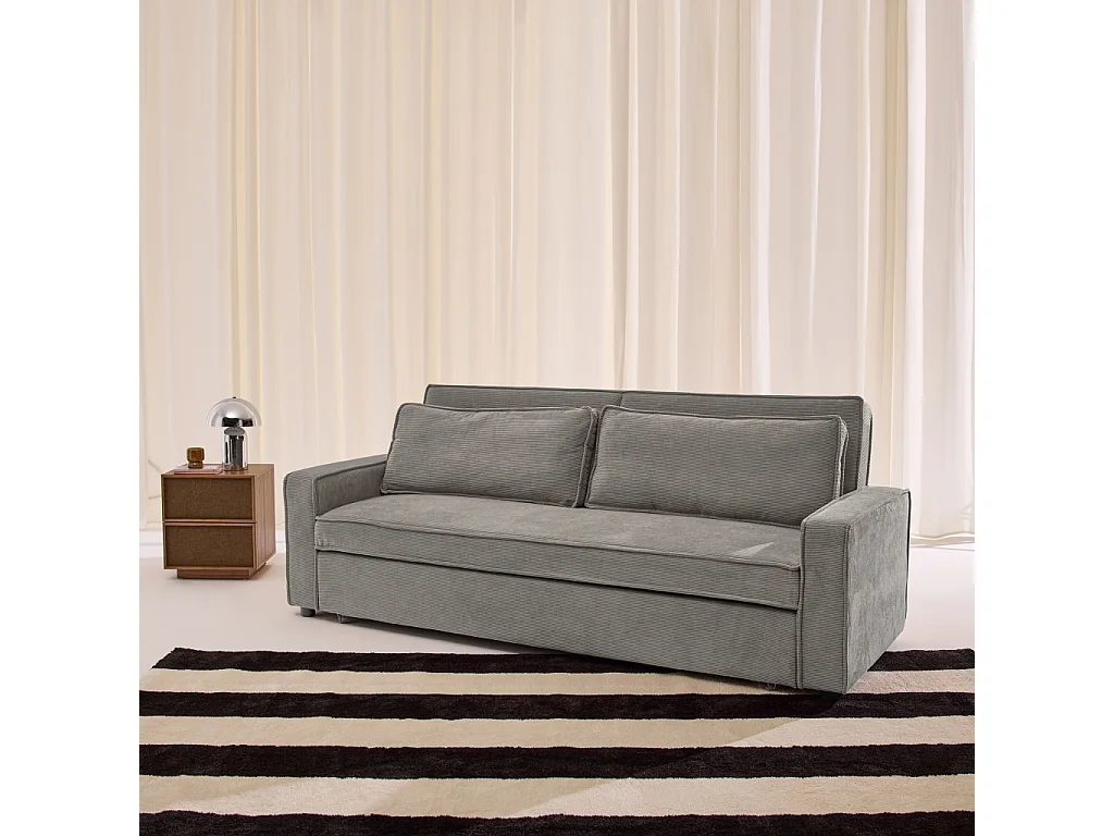 Sofá cama de pana, 3 plazas, Gris claro