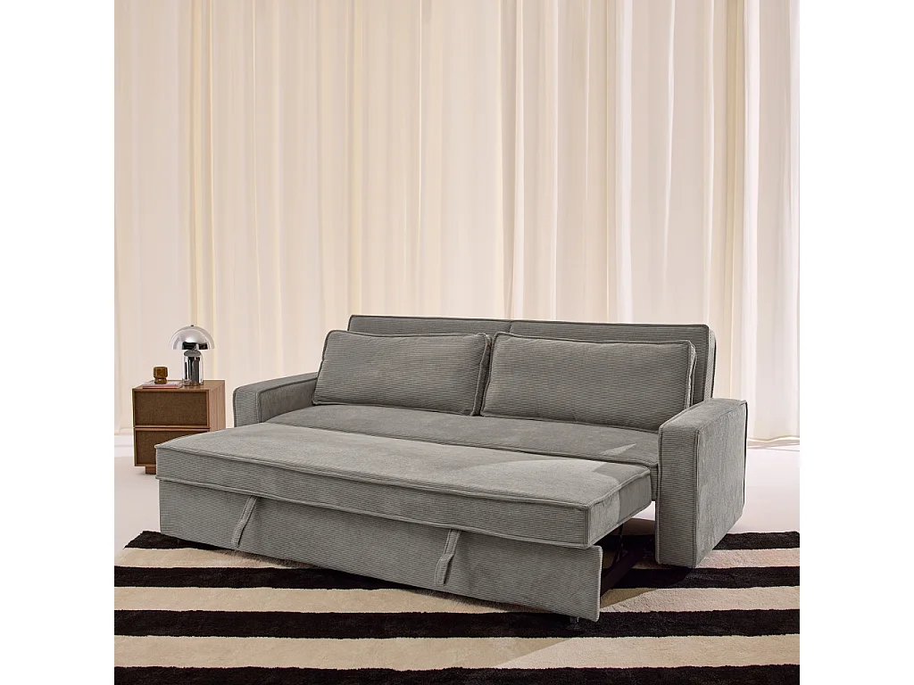 Sofá cama de pana, 3 plazas, Gris claro