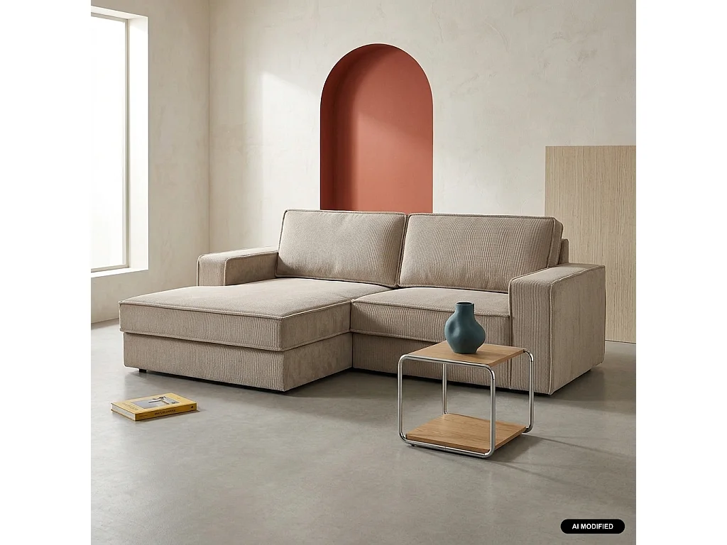 Sofá esquinero izquierdo de pana, 3 plazas beige