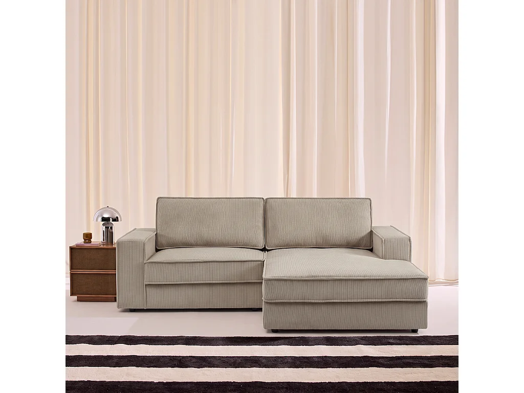 Divano angolare destro in velluto a coste, 3 posti, Chill velluto a coste, Beige, 231x153x83 cm