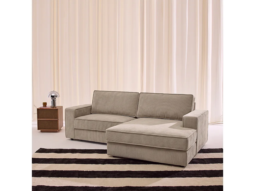 Divano angolare destro in velluto a coste, 3 posti, Chill velluto a coste, Beige, 231x153x83 cm