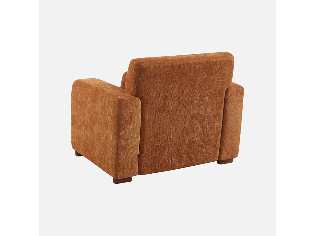 Sillón de tela con patas de madera de hevea óxido