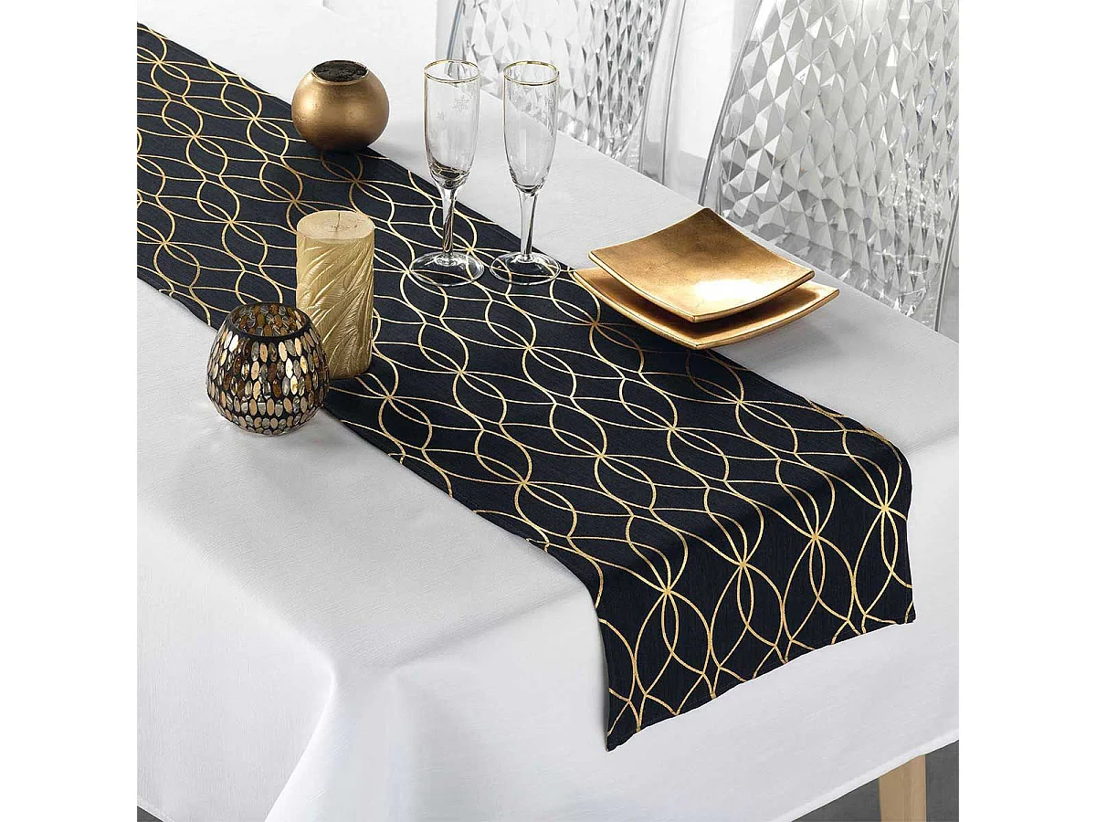 Nappe & Chemin de Table "Elipsa" 140x250cm Blanc & Noir