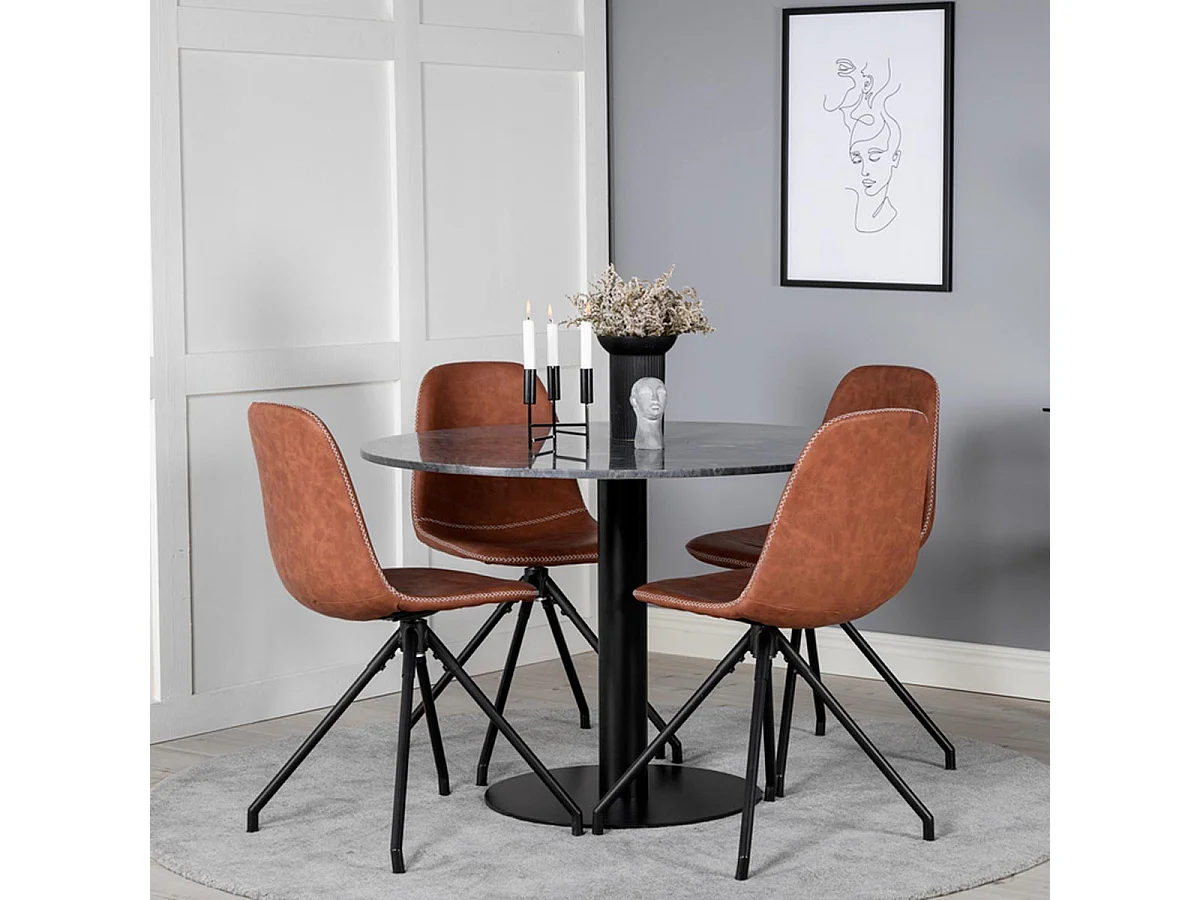 Ensemble Table à Manger & 4 Chaises "Estelle I & Polar I" 106cm Gris Foncé & Marron