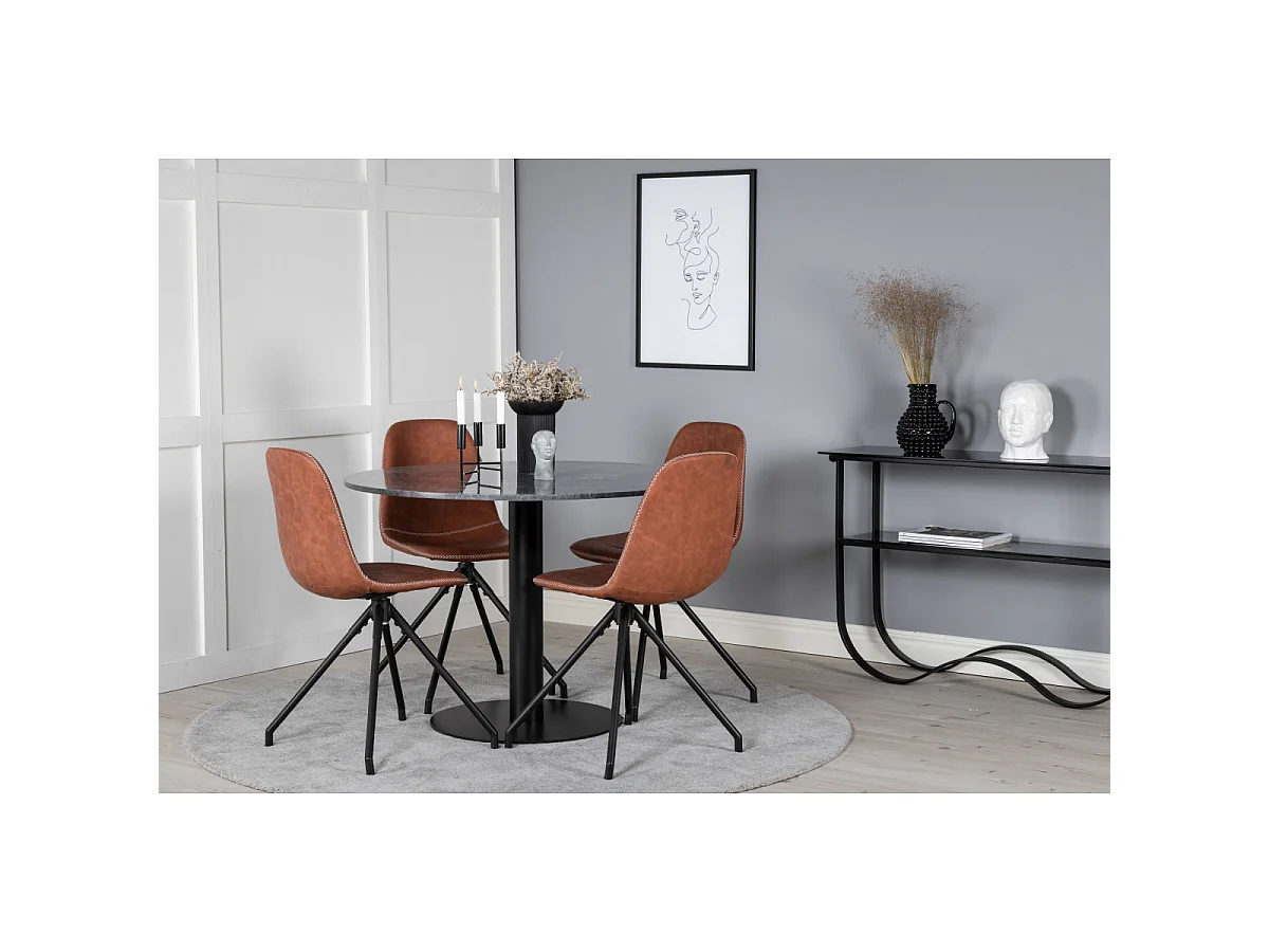 Ensemble Table à Manger & 4 Chaises "Estelle I & Polar I" 106cm Gris Foncé & Marron