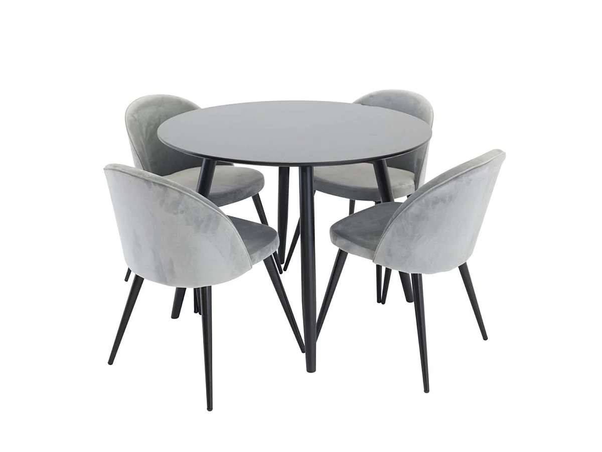 Ensemble Table à Manger & 4 Chaises "Plaza I & Velvet" 100cm Noir & Gris