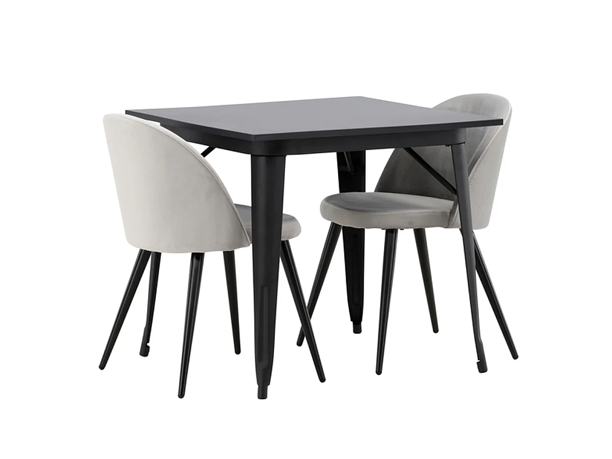 Ensemble Table à Manger & 2 Chaises "Tempe & Velvet" 80cm Noir & Gris