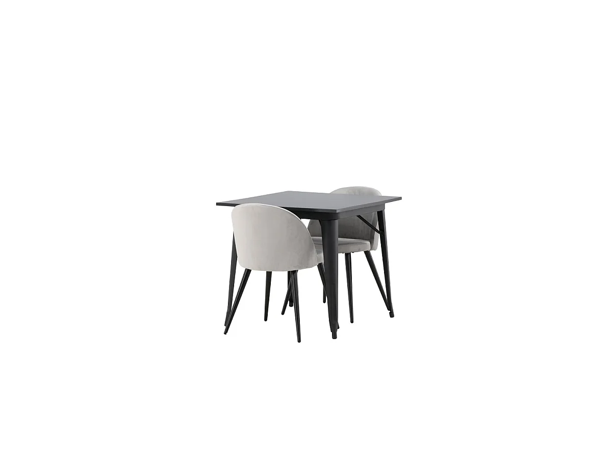 Ensemble Table à Manger & 2 Chaises "Tempe & Velvet" 80cm Noir & Gris
