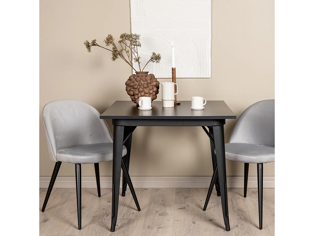 Ensemble Table à Manger & 2 Chaises "Tempe & Velvet" 80cm Noir & Gris