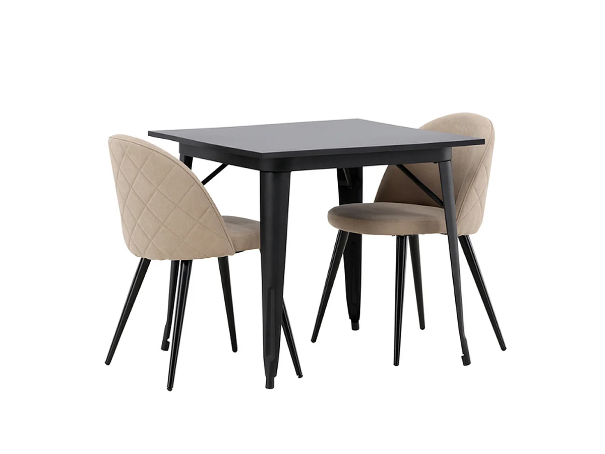 Ensemble Table à Manger & 2 Chaises "Tempe & Velvet" 80cm Noir & Beige