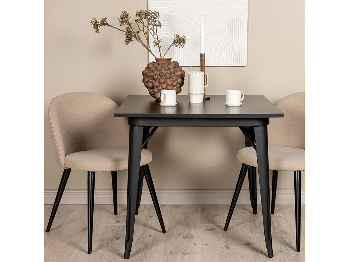 Ensemble Table à Manger & 2 Chaises "Tempe & Velvet" 80cm Noir & Beige