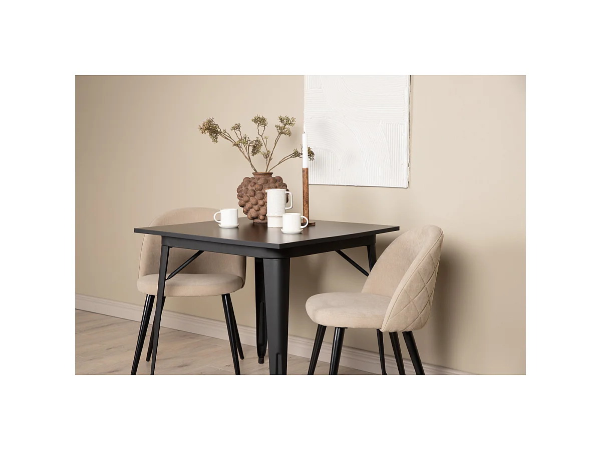 Ensemble Table à Manger & 2 Chaises "Tempe & Velvet" 80cm Noir & Beige