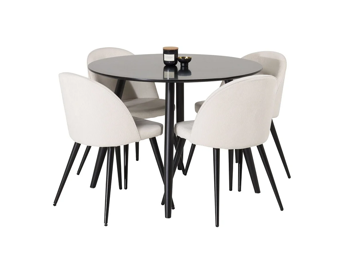 Ensemble Table à Manger & 4 Chaises "Plaza I & Velvet" 100cm Noir & Crème