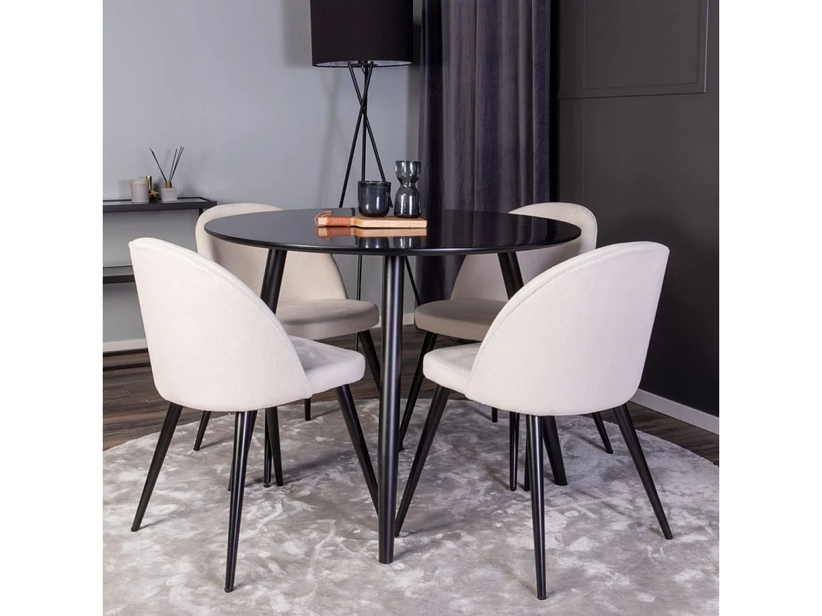 Ensemble Table à Manger & 4 Chaises "Plaza I & Velvet" 100cm Noir & Crème