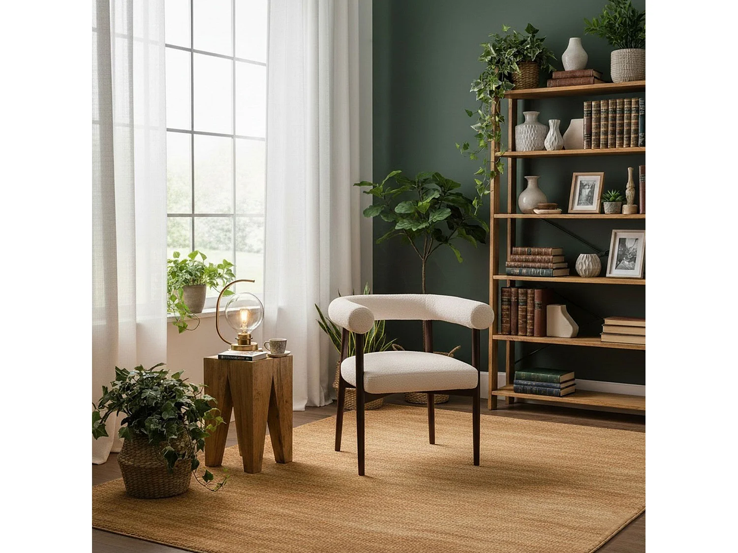 Lot de 6 chaises style scandinave chic Bringo Bois foncé et Tissu bouclette Beige
