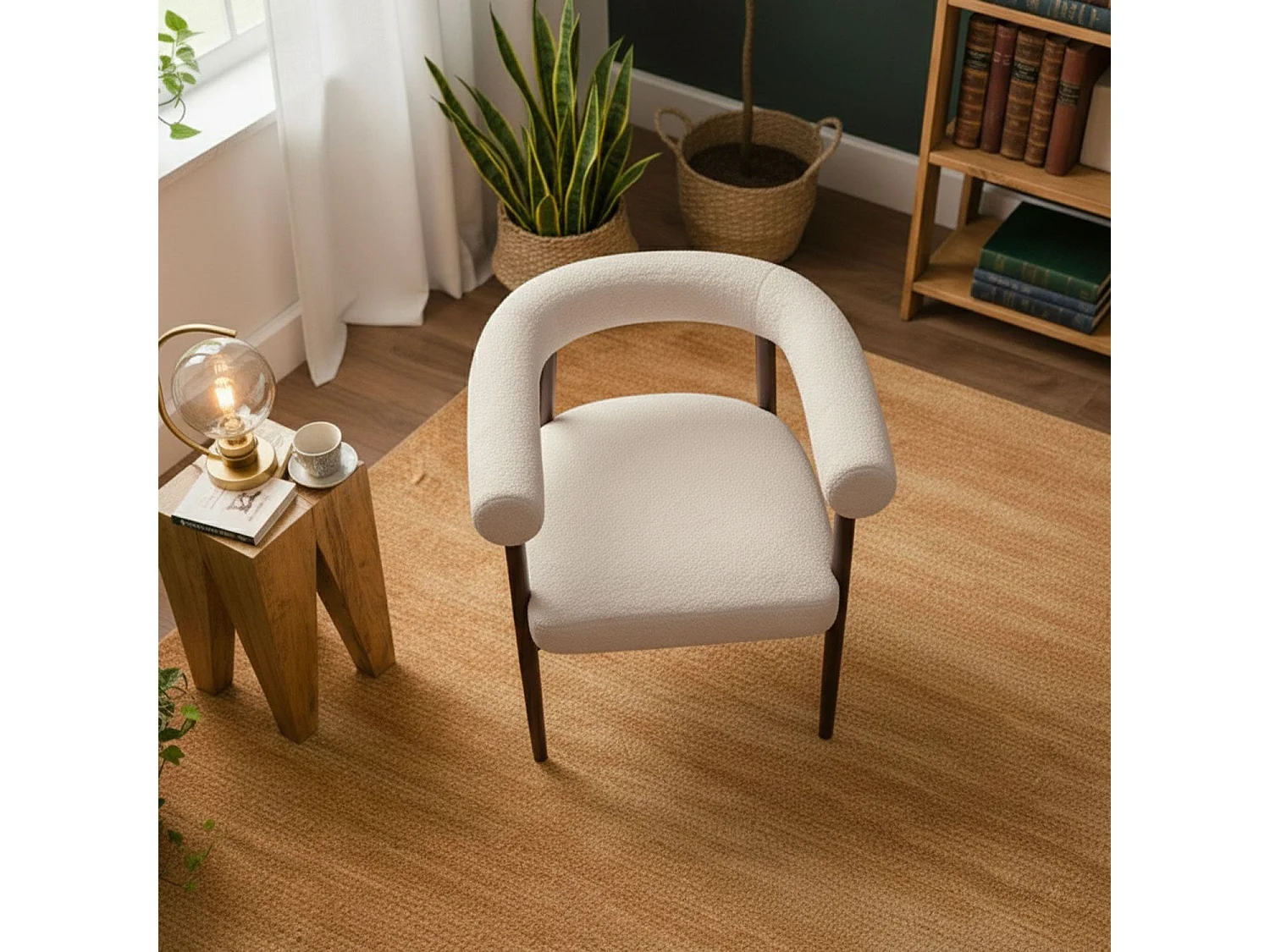 Lot de 6 chaises style scandinave chic Bringo Bois foncé et Tissu bouclette Beige