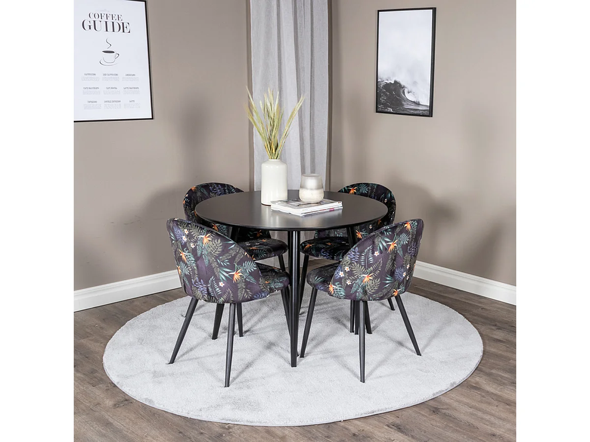 Ensemble Table à Manger & 4 Chaises "Plaza I & Velvet" 100cm Noir & Multicolore