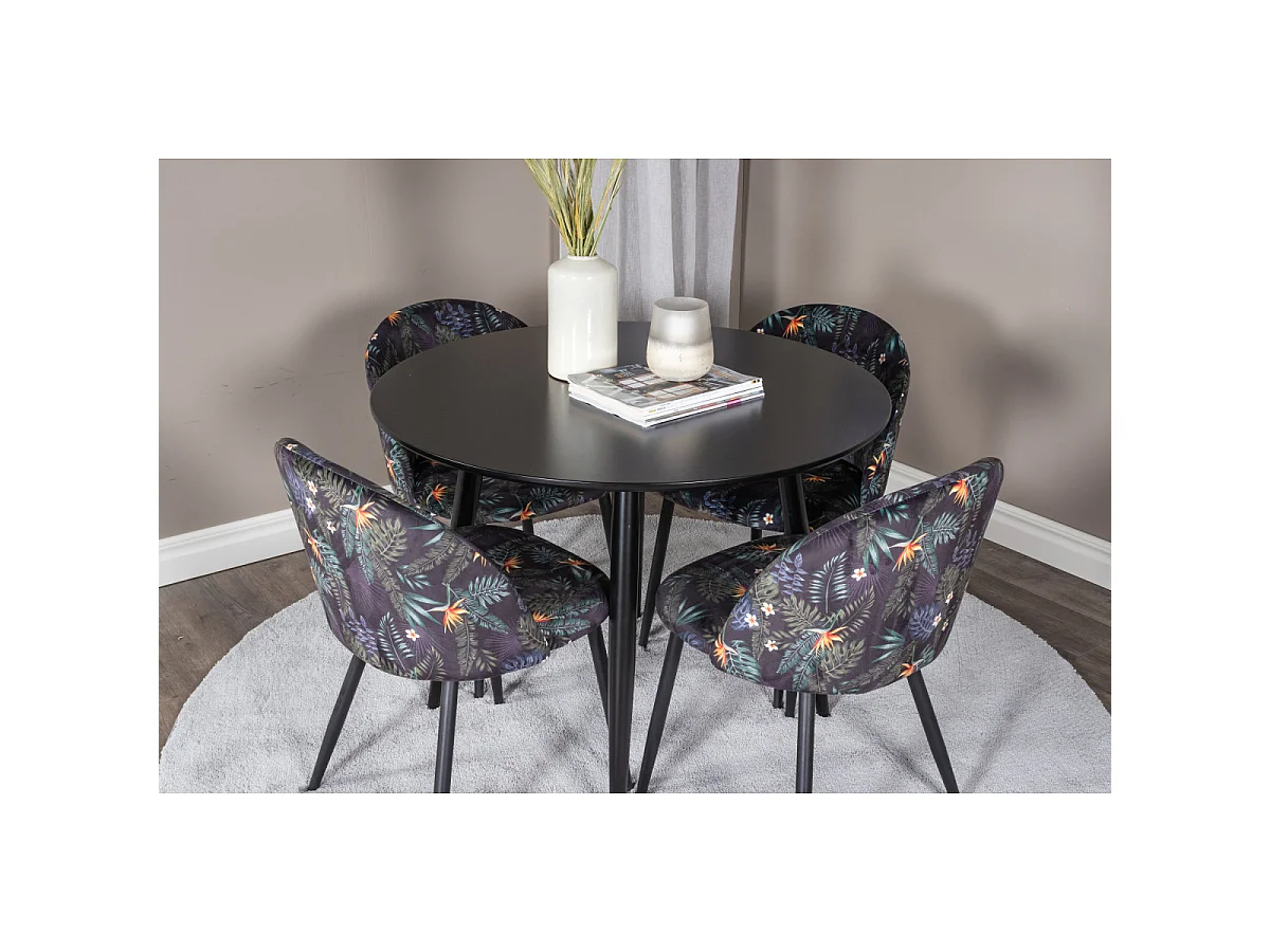 Ensemble Table à Manger & 4 Chaises "Plaza I & Velvet" 100cm Noir & Multicolore