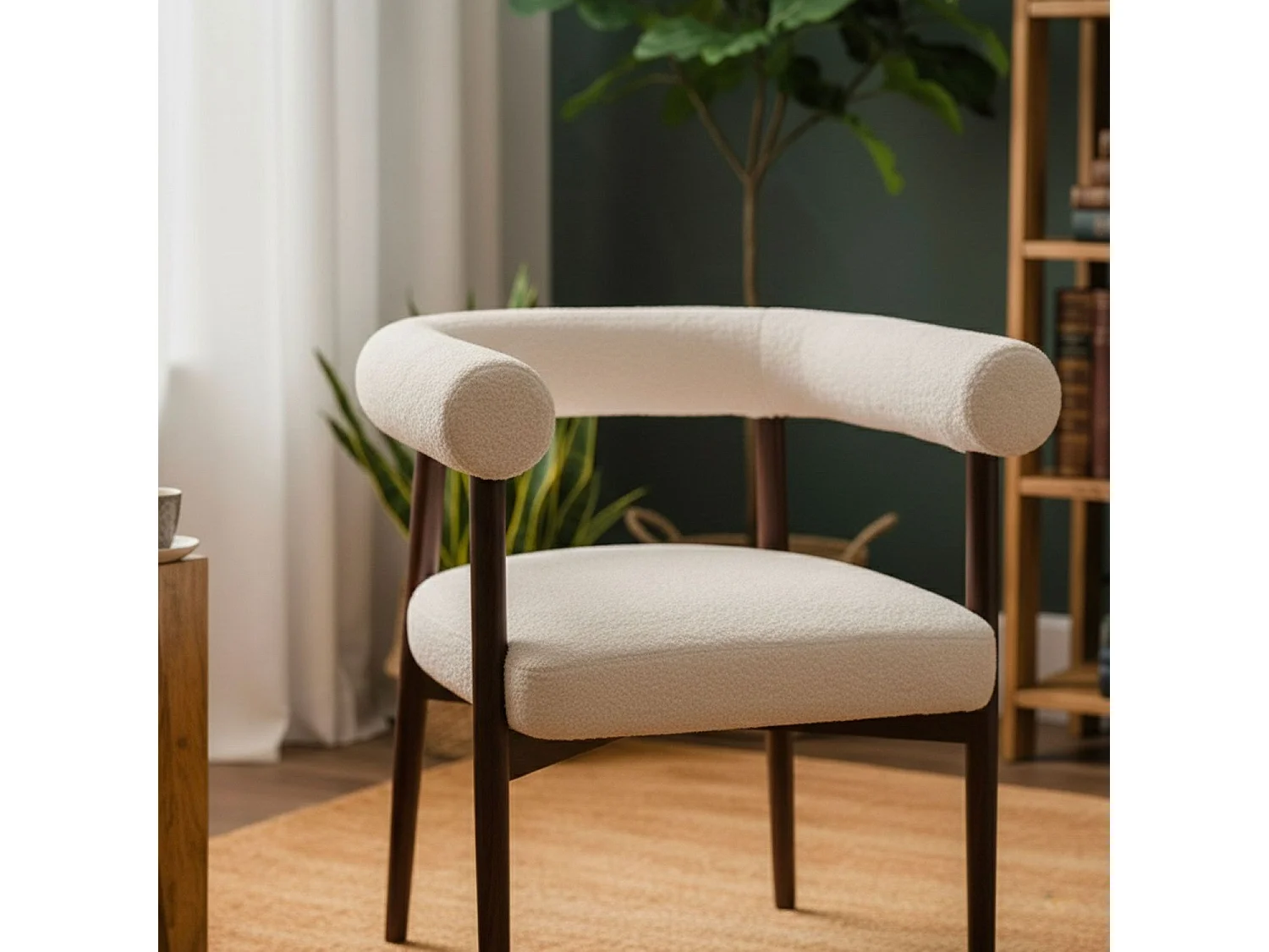 Lot de 4 chaises style scandinave chic Bringo Bois foncé et Tissu bouclette Beige