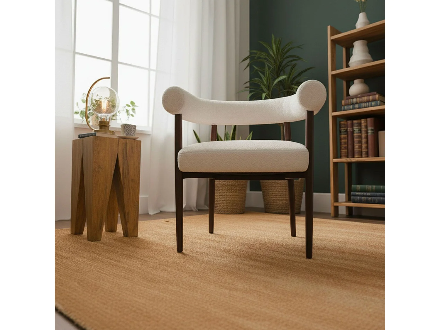 Lot de 4 chaises style scandinave chic Bringo Bois foncé et Tissu bouclette Beige