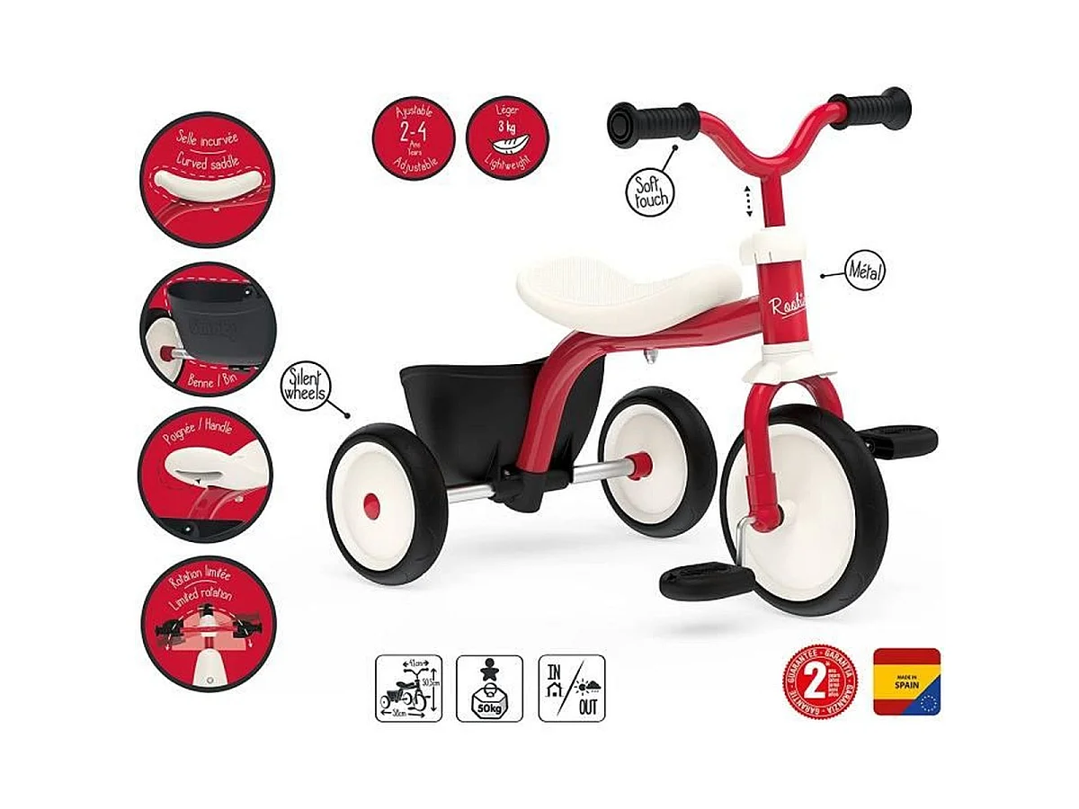 Triciclo Infantil Smoby Rookie Estructura de Metal Ruedas EVA Silenciosas Almacenamiento Diseño Retro